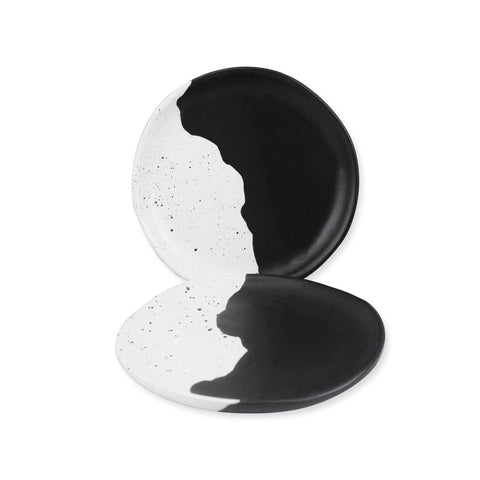 roro Handmade Ceramic Plates, 7.5 Inches - Two-Tone Black & White Mottled Cream, Set of 2