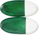 Handmade Ceramic Stoneware Plates - 11-inch Oval, Two-Tone Green & White Speckled Design, Set of 2 - Ideal for Food Presentation