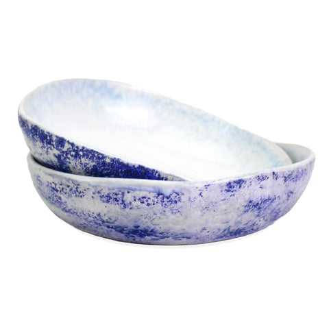 roro 8" Handmade Ceramic Bowls – Set of 2 Rustic Mykonos Collection, White & Blue Reactive Glaze, Coastal-Inspired for Pasta, Salad, Soup & Serving