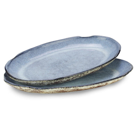 roro Handmade Ceramic Stoneware Oval Plate, 12-Inch - Rustic Brown with Reactive Blue Glaze, Lead-Free, Set of 2