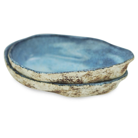 roro Canapé Plate Set of 2, Oyster Design, Reactive Blue Glaze, Microwave, Oven, and Dishwasher Safe Ceramic Serving Plate