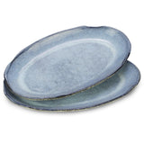 roro Handmade Ceramic Stoneware Oval Plate, 12-Inch - Rustic Brown with Reactive Blue Glaze, Lead-Free, Set of 2