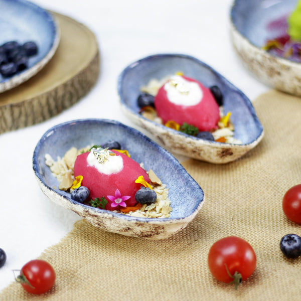 roro Canapé Plate Set of 2, Oyster Design, Reactive Blue Glaze, Microwave, Oven, and Dishwasher Safe Ceramic Serving Plate