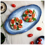 roro Handmade Ceramic Stoneware Oval Plate, 12-Inch - Rustic Brown with Reactive Blue Glaze, Lead-Free, Set of 2