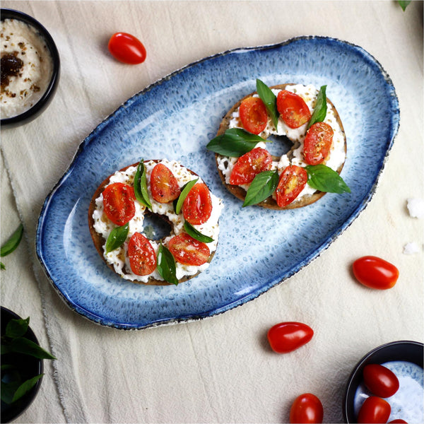 roro Handmade Ceramic Stoneware Oval Plate, 12-Inch - Rustic Brown with Reactive Blue Glaze, Lead-Free, Set of 2