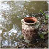 roro 11-Inch Rustic Farmhouse Ceramic Vase with Ear Handles - Handcrafted Stucco-Like Textured Brown Glaze, Anti-Slip Unglazed Base - Perfect for Tabletop Decor and Flower Arrangement